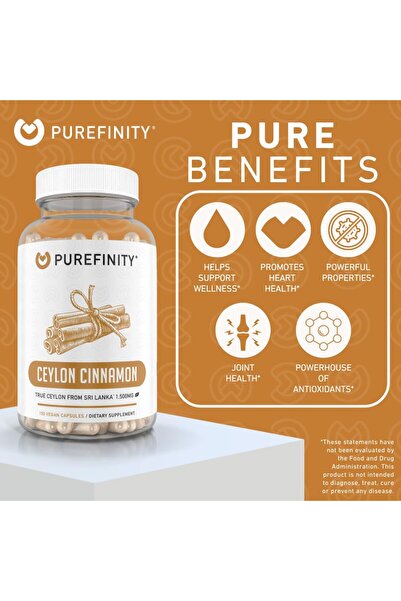 PUREFINITY Ceylon Cinnamon Capsules – 1500 mg, Vegan, Non-GMO, 150 Count (75 Days)