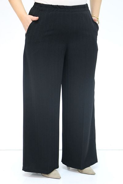 Eslina 49033 Large Size Striped Crepe Trousers with Elastic Waist - Black