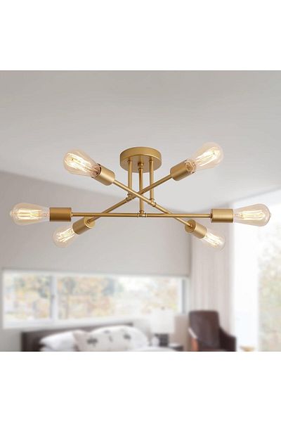 A F N LIGHTING Gold Modern Sputnik Chandelier 6-Light Semi Flush Mount Ceiling Fixture for Bedroom