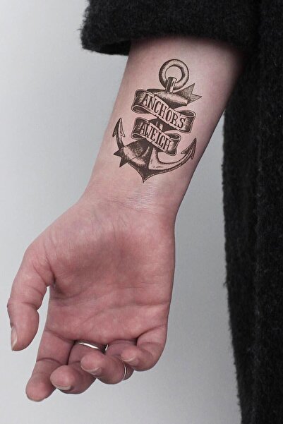 BiWini Anchors Aweigh Yazılı Denizci Çapa Geçici Dövme Tattoo Bilek Kol Bacak Ve Göğüs Arası Erkek Kadın