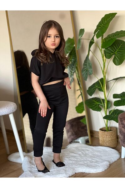 renkli diyar Girls' Bottom Top Set Short Sleeve Hooded Waist Elasticated and Trousers