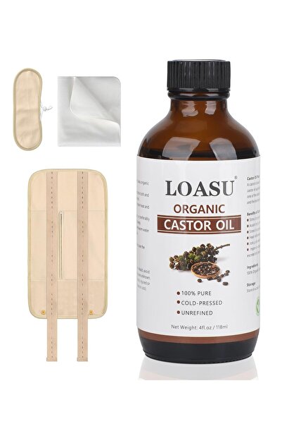 Loasu مجموعة زيت الخروع، معصور على البارد عضويًا، 4 أونصات، لفافة من القطن وا...
