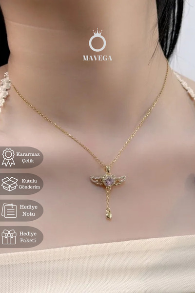 MAVEGA Hareket Eden Melek Kanatlı Kalpli Kolye | Kararmaz Çelik, Zirkon Taş, ...