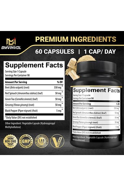 BMVINVOL Beet Root Capsules - Green Tea, Red Spinach, Ginseng, Black Pepper - 90 Count - 3 Month Supply