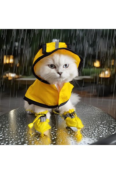 Lady Fify Waterproof, Thin, Yellow Raincoat and 4 Boots for Cat and Dog