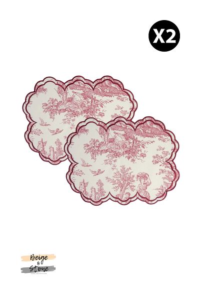 Beige & Stone Burgundy White Vintage Embroidery Embroidered American Service Set of 2