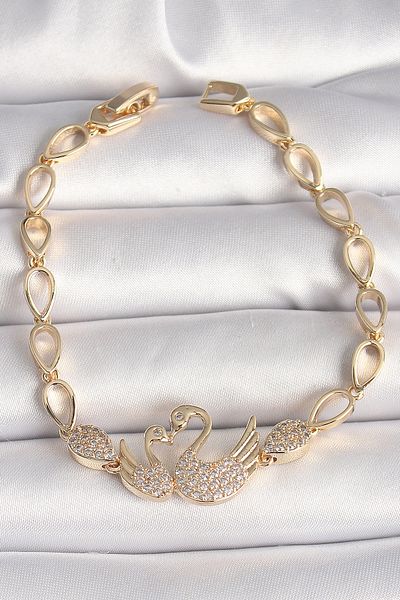 Clariss Brass Gold Color Zircon Stone Swan Figure Drop Chain Model Women's Bracelet