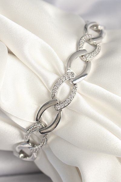 Mu Art Ahşap Brass Silver Color Zircon Stone Oval Chain Model Women's Bracelet