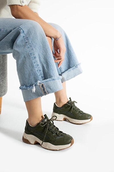 Getcho Dennise Kadın Kalın Taban Haki Spor Ayakkabı Rahat Günlük Yürüyüş Sneaker Bağcıklı Model