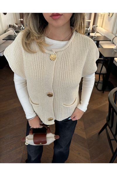 B2K FASHION Women's Sausage Collar Pocket Detailed Gold Buttoned Sweater Vest