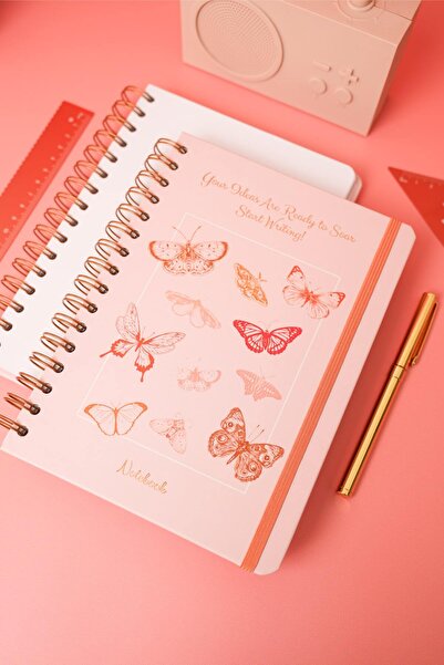 Matt Notebook A5 15x21 cm Spiralli Lastikli Düz, Çizgisiz Tarihsiz Not Defteri Kelebekler