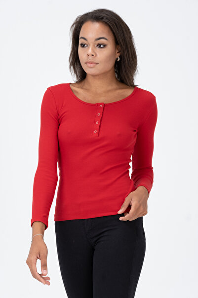 PUNKY CAT Kadın Kırmızı Çıtçıtlı Uzun Kollu Fitilli Bluz