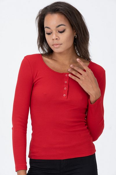 PUNKY CAT Women's Red Snap Fastener Long Sleeve Ribbed Blouse