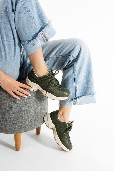 Getcho Dennise Women's Thick Sole Khaki Sports Shoes Comfortable Daily Walking Sneaker Lace-Up Model