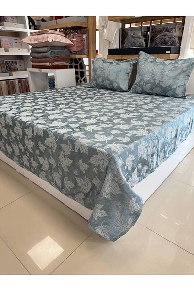 Sudemhome Jacquard Chenille Fabric Bed Cover Set, Mint and Sycamore Leaf Pattern