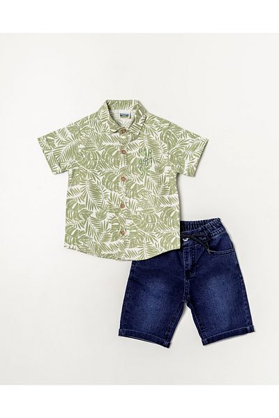 Pasur Bebe Short Sleeve Paradise Printed Shirt - Jeans Capri Boy's Double Suit
