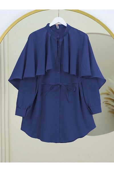 Modamorfo Poplin Shirt with Stand Collar and Cape Detail - Navy