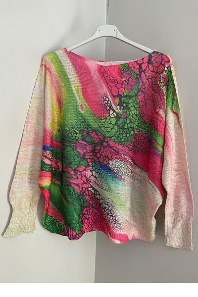 AYASOFYA OTANTIK Women's Italian Fuchsia Lurex Sahra Patterned Bat Sleeve Mercerized Blouse Sweater
