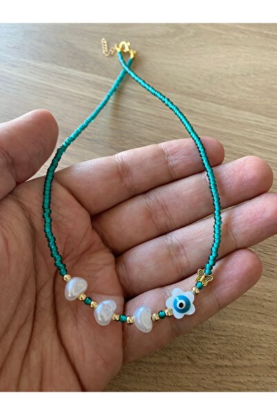 dela otantik El yapımı nazar boncuklu incili kolye - Bohem turkuaz kolye - Zarif yaz deniz takı - Boho jewelry