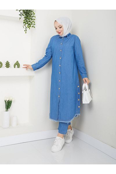 PALME D'OR Women's Wooden Button Detailed Trousers Double Denim Suit