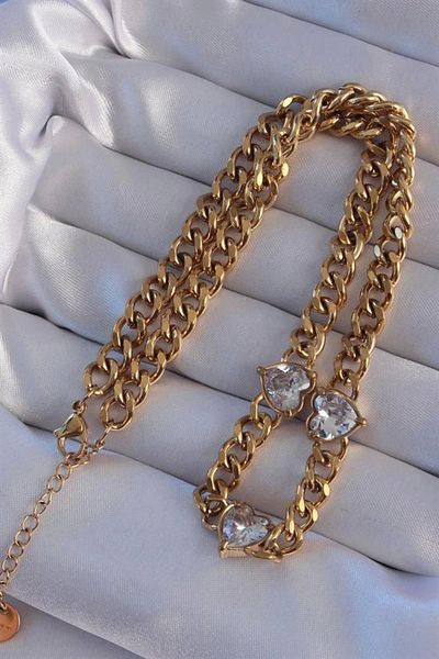 Clariss 316L Steel Gold Color Zircon Stone Heart Model Chain Necklace