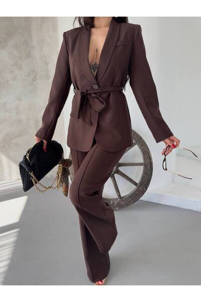 STMT BUTİK Belted Waist Blazer Jacket Pants Set - Stylish, Elegant and Versatile Women's Set for Any Occasion