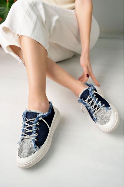 W MAX WM Asteria Stone Laced Stone Detailed Casual Denim Sneakers