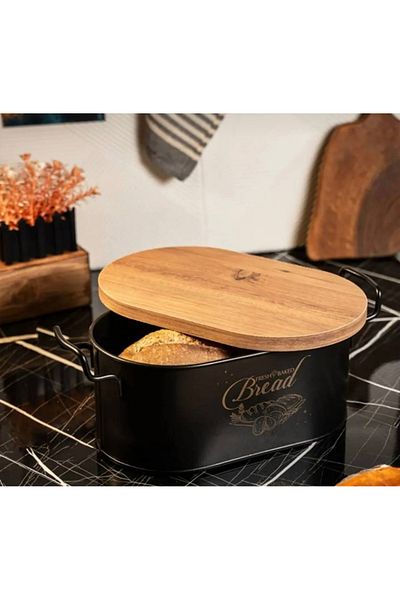 BLUE SİDE Pinterest Style Retro Basket Bamboo Lid Bread Metal Box Bread Storage Box 1.5 L