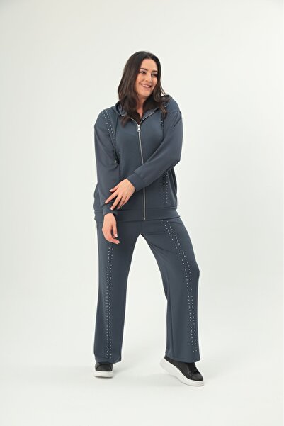 Esina Women's Modal Fabric Tube Leg Front Zippered Tracksuit Set with Stone Detail