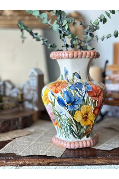 Handmadesign El Yapımı Renkli Çiçekli Seramik Krem Altıgen Vazo Dekoratif Obj...