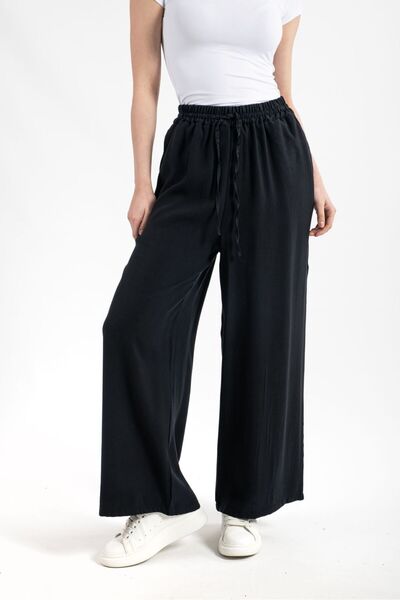 Hatun Atila Women's Modal Fabric Waisted Elastic Palazzo Trousers Black - 5184