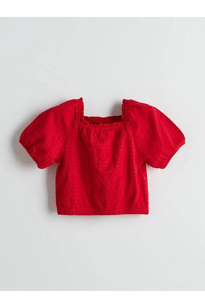 LC Waikiki Lcw Kids Red Square Collar Textured Girl's Crop Blouse