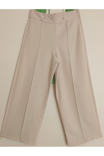 Dagü Design Women's High Waist Ribbed Wide Leg Beige Trousers