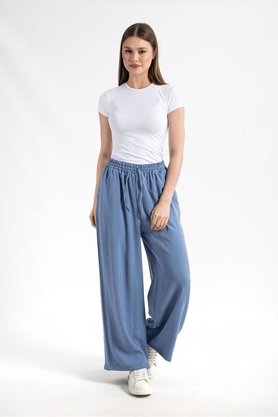 Hatun Atila Pantaloni Palazzo din țesătură modal albastră - Cu talie elastică - Model 5184