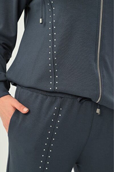 Esina Women's Modal Fabric Tube Leg Front Zippered Tracksuit Set with Stone Detail