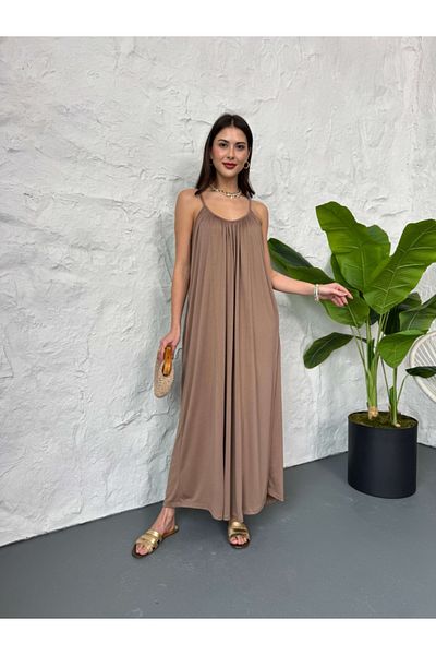 Elif Özbey Butik Премиум кафява рокля с набрана яка и ежедневна рокля от модал