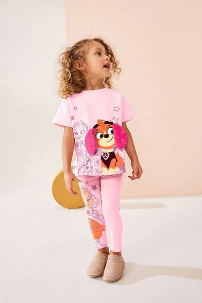 Lolliboomkids Pink Color Plush Ear Detailed Firefighter Dog Printed Cotton T-Shirt Leggings Bottom-Top Suit