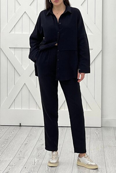 Suziş طقم قميص وبنطلون كتان أسود نسائي 100% كتان 0009