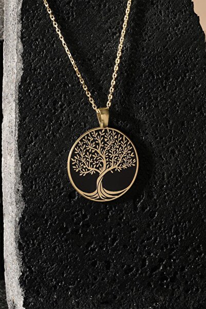 Takıdepo Hayat Ağacı Model Siyah Mineli Gümüş Kolye-Altın Rengi