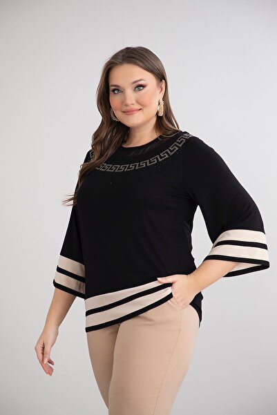 EMZAGİYİM بلوزة بياقة جزء مطبوعة وأكمام سميكة مخططة