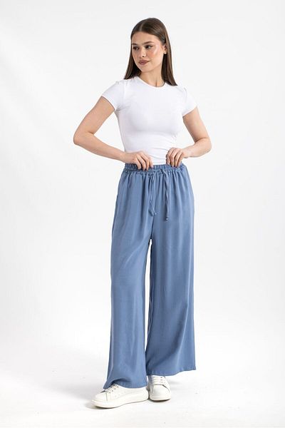 Hatun Atila Pantaloni Palazzo din țesătură modal albastră - Cu talie elastică - Model 5184