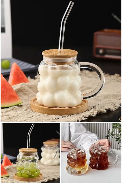 Rosemor 4 Pack Bamboo Lid Bead Grain - 350ml Heat Resistant Glass Straw Coffee Presentation