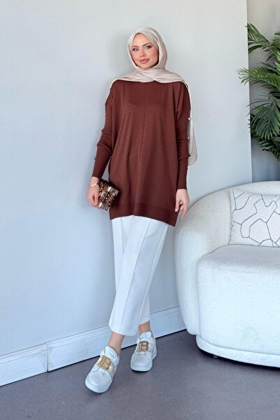 HAZA MODA Düğmeli Merserize Tunik Acıkahve