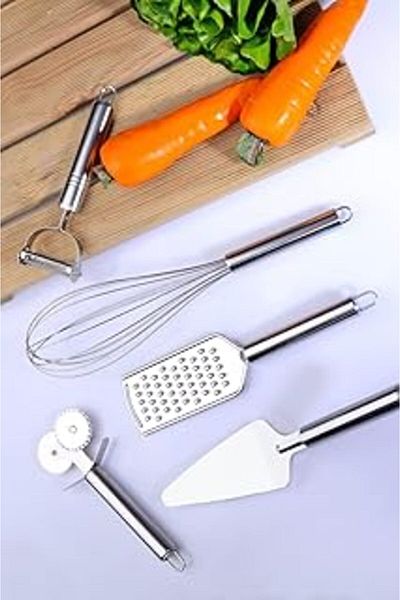 Mu Art Ahşap Rotanev 5-Piece Steel Stainless Kitchen Serving and Prep Kit Dowry Set