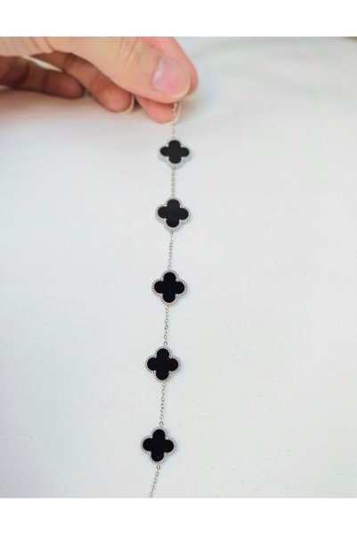 Roya Happiness Steel Clover Bracelet Black Pearl Gold Detail Women's Bracelet