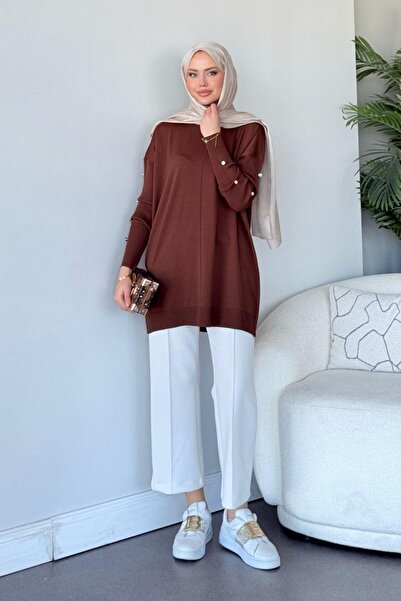 HAZA MODA Düğmeli Merserize Tunik Acıkahve
