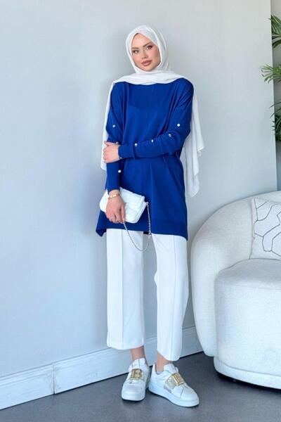 HAZA MODA Düğmeli Merserize Tunik Saks