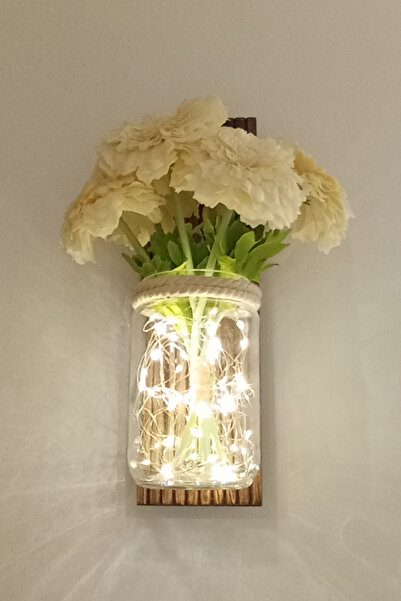 NONYA Ahşap Zeminli Fanus Yapay Çiçekli Aplik Duvar Apliği Saksı Aydınlatma Duvar Dekorasyonu Pilli