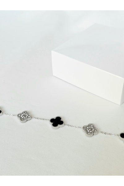 Roya Happiness Clover Bracelet Black Silver Pearlescent Silver Detail Zircon ...