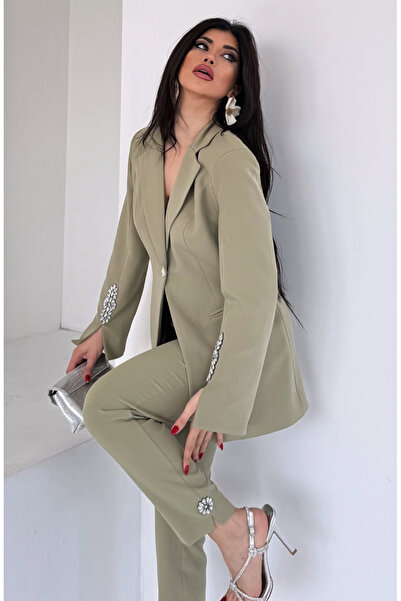 pembekurdelem Kadın Taşlı Ceket Pantolon Takım Haki